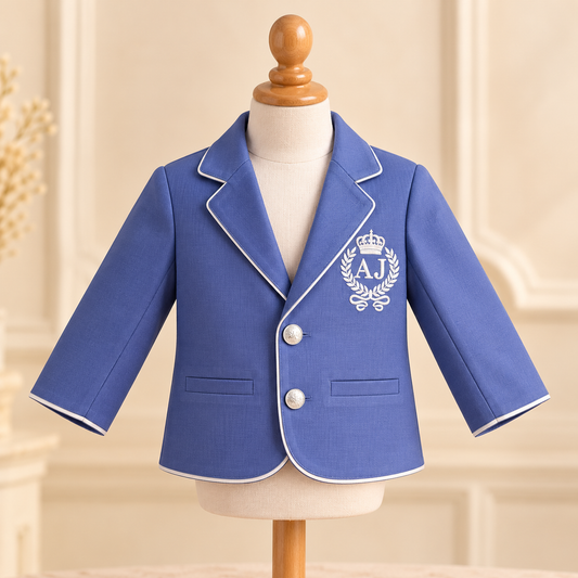 A royal blue children's blazer with white piping and a white embroidered crest on the chest, displayed on a cream mannequin torso with a wooden neck cap.