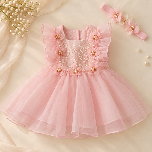 A baby girl's pink tulle dress with ruffled sleeves, decorated with 3D flowers, pearl beads, and gold accents, shown with a matching pink floral headband on a beige fabric background.