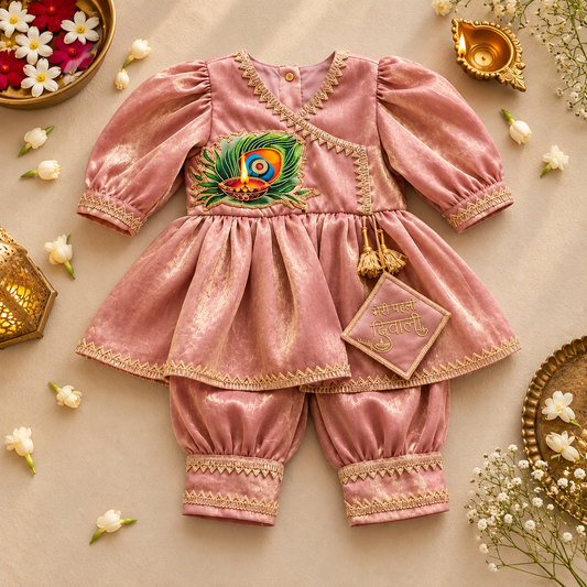 A baby's pink velvet traditional outfit with gold trim, featuring a peacock feather embroidery on the chest and a matching embroidered tag, laid flat on a beige background with decorative flowers and brass lamps.