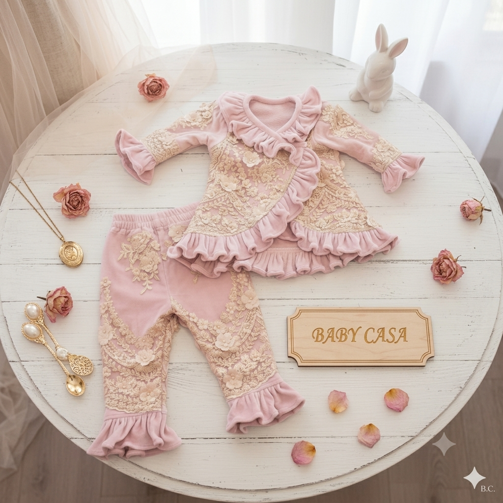 A baby girl's two-piece outfit set consisting of a long-sleeve ruffled lace top and matching ruffled pants, styled on a white wooden table with decorative props including a bunny figurine, gold jewelry, and a wooden 'BABY CASA' sign.