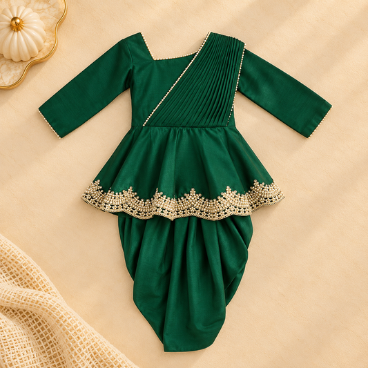 Bottle Green Embellished Dhoti Set