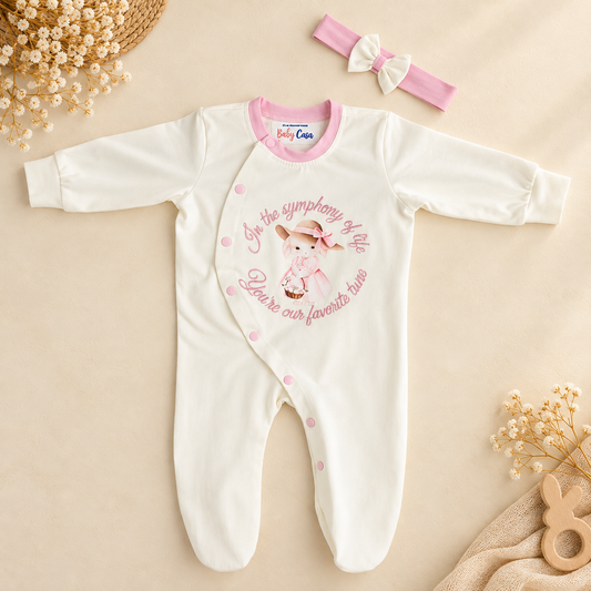 A baby long-sleeve footed sleeper in white with pink trim and a pink bunny graphic with the text 'In the symmetry of life Please be our favorite tune,' shown on a beige background with a pink bow headband and dried floral props.