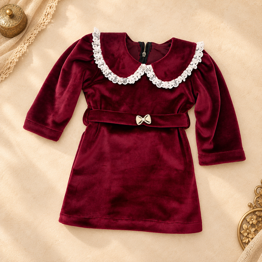 Burgundy Velvet Bow Dress