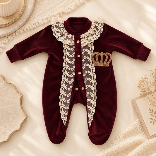 A baby footed sleeper in deep burgundy velvet, featuring a large cream lace ruffled collar, a matching lace front placket with gold buttons, and a gold embroidered crown on the chest. The sleeper is laid flat on a cream fabric background with styled props.