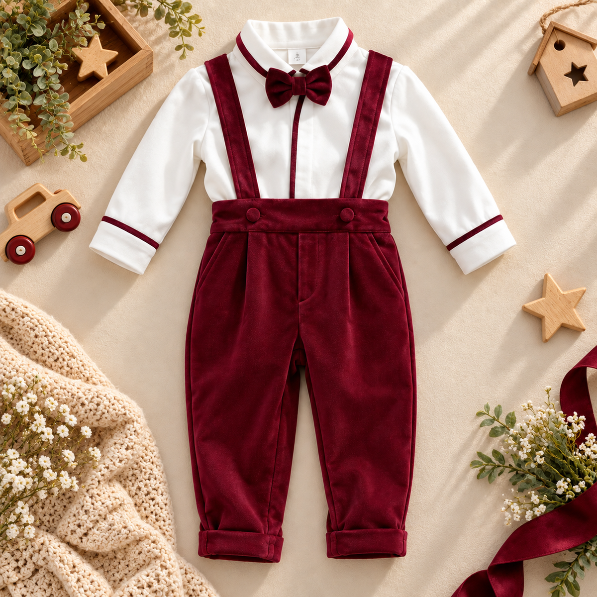 A baby boy's formal outfit featuring a white long-sleeve shirt with burgundy trim and a matching burgundy bow tie, paired with high-waisted burgundy corduroy suspenders over matching trousers. The outfit is presented in a styled flat-lay with baby-themed props including a wooden toy car, a knitted blanket, and small wooden stars.