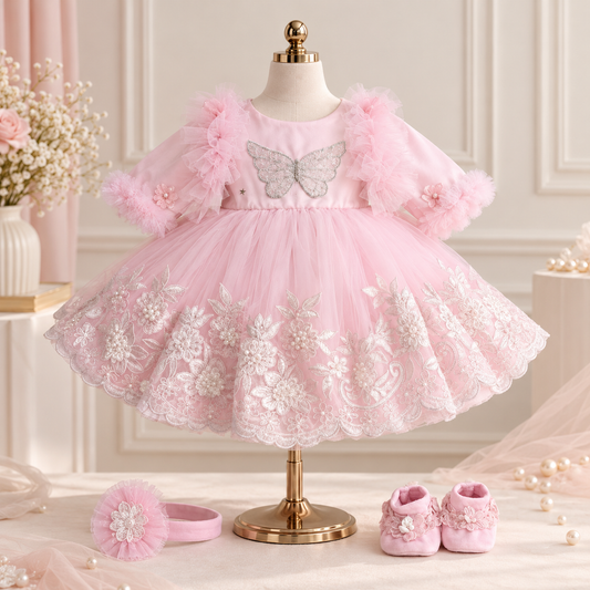 A pink toddler girl's party dress displayed on a mannequin, featuring a silver glitter butterfly applique on the chest, fluffy tulle sleeves, and white floral lace embroidery on the skirt. A matching pink flower headband and pink booties are arranged on the table in front.