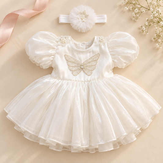 A baby girl's white tulle dress with puff sleeves and a glittery embroidered butterfly on the chest, shown with a matching white floral headband on a beige background with decorative ribbon and flowers.