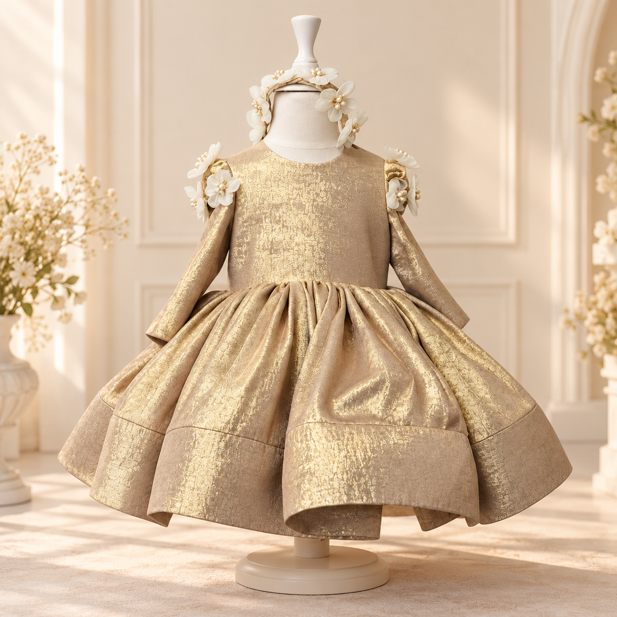 A metallic gold toddler girl's dress displayed on a cream mannequin in a softly lit, elegant room. The dress features a textured shimmering gold fabric, a gathered waist, and decorative floral embellishments on the shoulders.