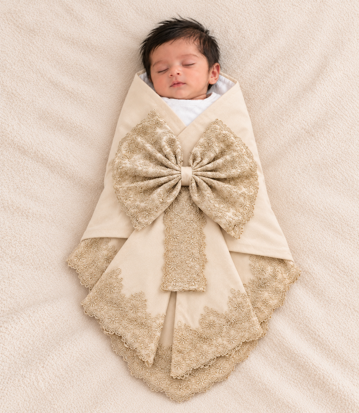 A sleeping newborn baby swaddled in a cream-colored blanket with a large beige sequined bow and lace trim, lying on a textured cream blanket.