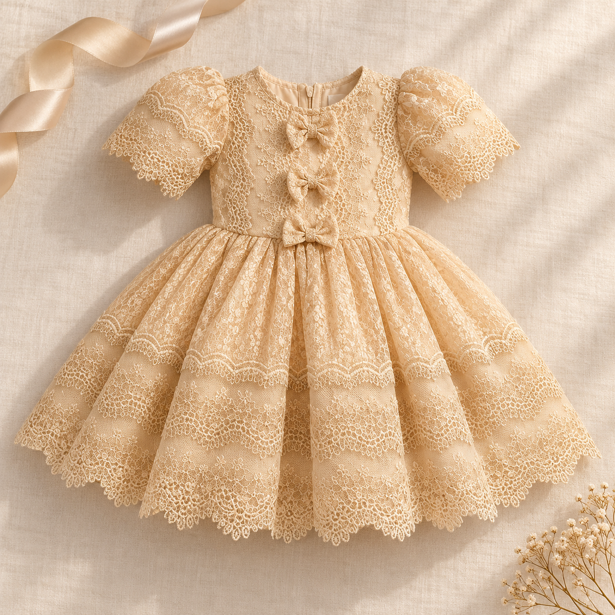 A baby girl's short-sleeve lace dress in a warm champagne beige, laid flat on a textured linen background with a gold ribbon and dried flowers as props.