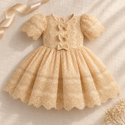 A baby girl's short-sleeve lace dress in a warm champagne beige, laid flat on a textured linen background with a gold ribbon and dried flowers as props.