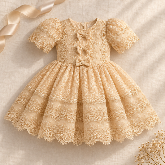 A baby girl's short-sleeve lace dress in a warm champagne beige, laid flat on a textured linen background with a gold ribbon and dried flowers as props.
