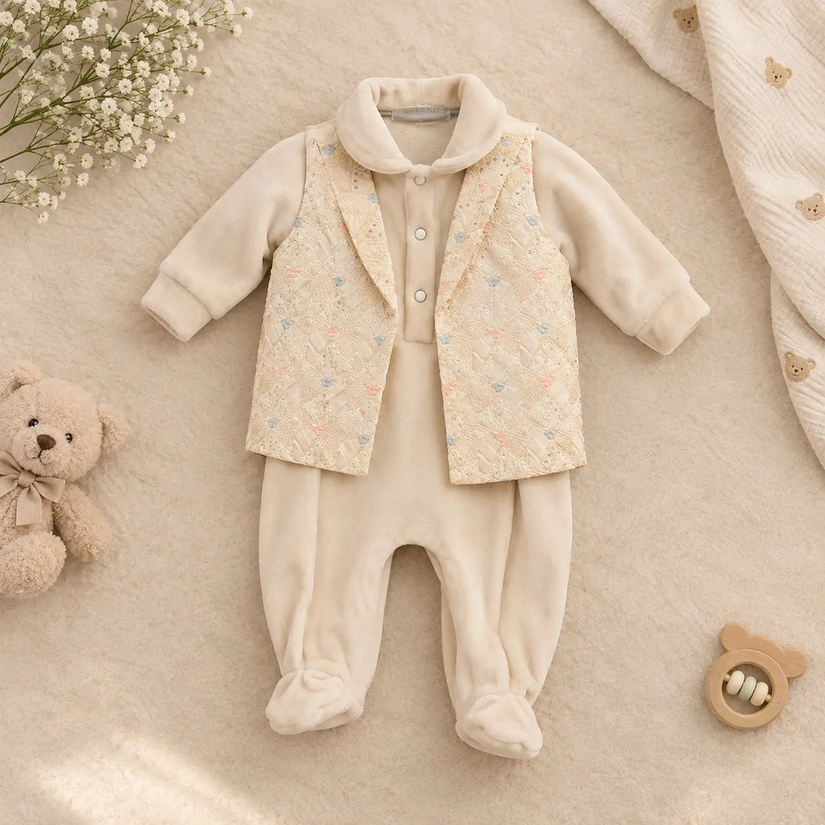 Pastel Embroidered Waistcoat Baby Boy Velvet Set