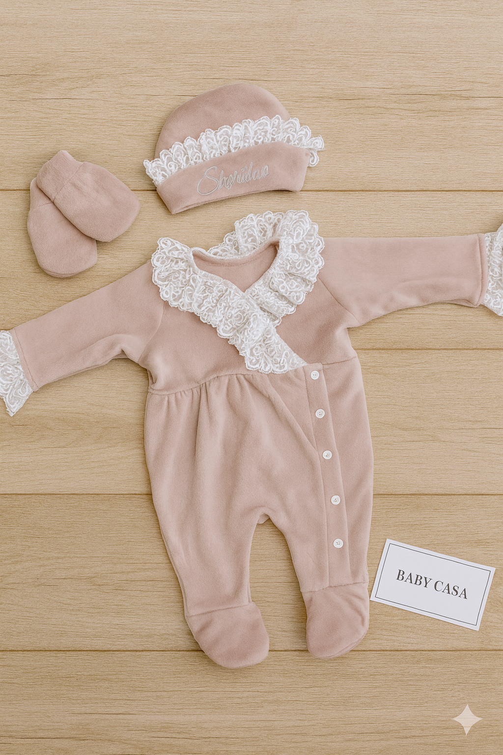 Dusky Pink Velvet Romper with Ruffle Lace Collar and Personalized Hat