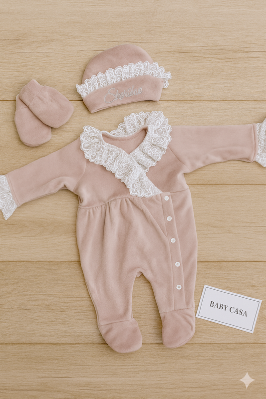 Dusky Pink Velvet Romper with Ruffle Lace Collar and Personalized Hat