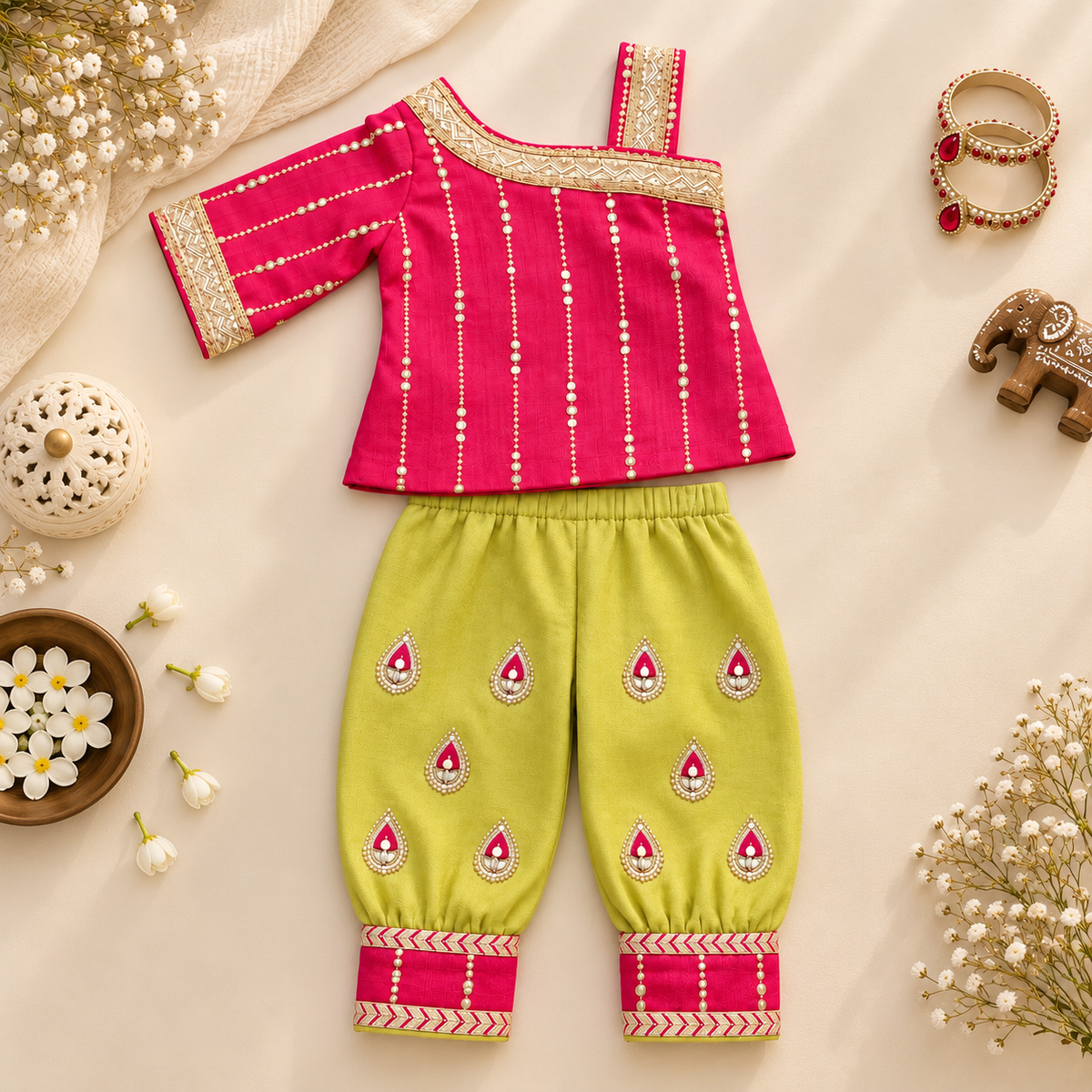 Pink Lime Dhoti Set