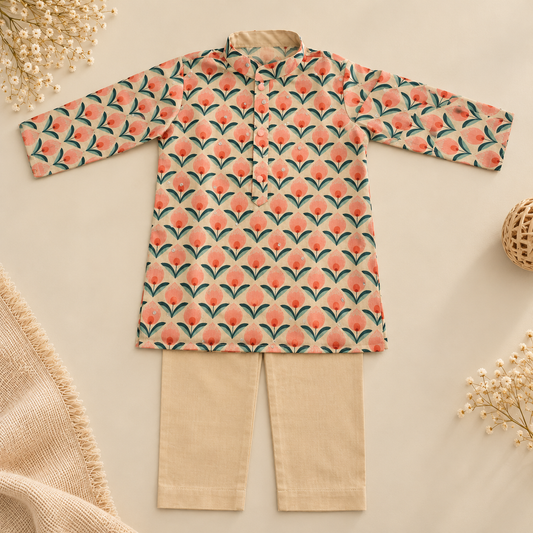 A children's two-piece outfit laid flat on a light beige background, featuring a long-sleeve kurta with a repeating coral-pink and teal leaf pattern over a cream base, paired with straight beige pants. Decorative dried flowers, a woven ball, and a textured fabric edge frame the outfit.