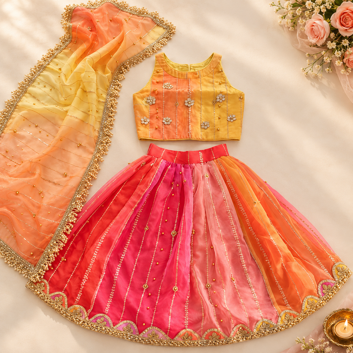 A traditional Indian girl's ethnic wear set featuring a sleeveless yellow and orange printed crop top with floral embroidery, a matching pleated pink, orange, and red skirt with gold zari embroidery, and a sheer yellow-to-orange gradient dupatta with gold border.