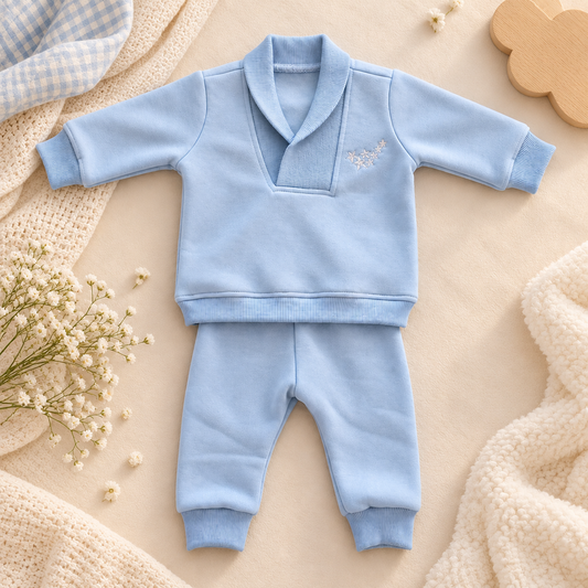 Baby Boy’s Classic Shawl Collar Tracksuit Set – Dusty Blue