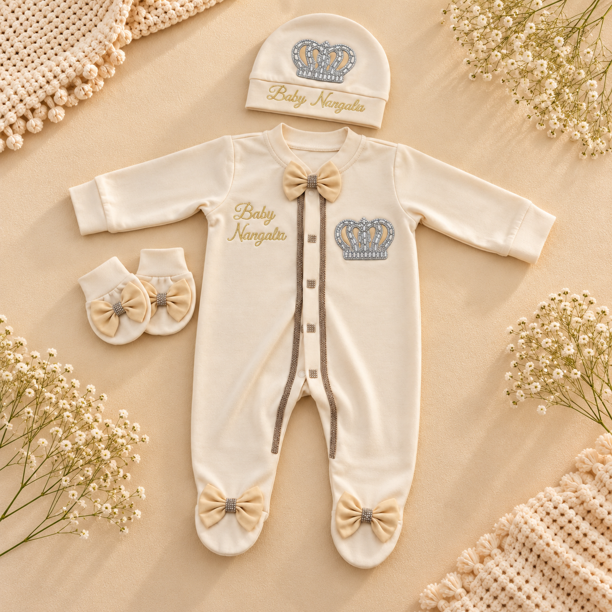 A baby clothing set laid flat on a beige fabric background with decorative flowers and knit textiles. The set includes a cream footed onesie with gold 'Baby Narghda' text, a matching beanie, and booties, all featuring a blue crown graphic and beige bow details.