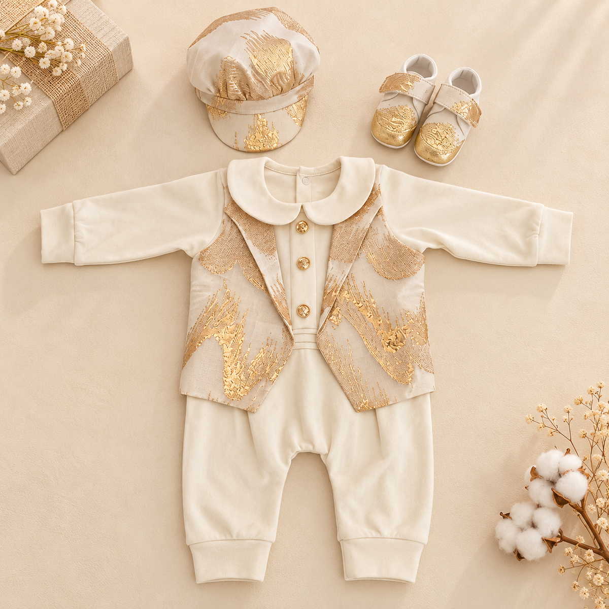 A baby outfit set laid flat on a warm beige background, including a cream long-sleeve romper with gold embroidered pattern and front buttons, a matching cream cap, and a pair of cream and gold baby shoes. Decorative flowers and a gift box appear around the set.