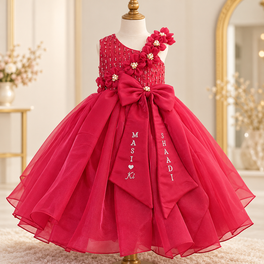 A bright red girls' party dress displayed on a mannequin in an elegant indoor setting. The sleeveless dress features a beaded bodice with 3D floral appliqués, a large matching bow at the waist, and a layered tulle skirt.