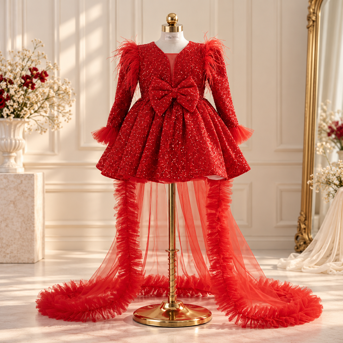 A red sparkly long-sleeve dress with a large bow at the waist and a long feathered tulle train, displayed on a gold dress form in an elegant indoor setting.