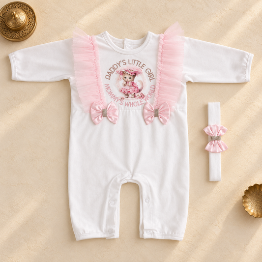 White long-sleeve baby romper with pink tulle shoulder straps, pink bow details, and a central cartoon graphic reading 'Daddy's Little Girl' and 'Mommy's Whole World,' shown on a beige background with a matching headband and decorative gold props.