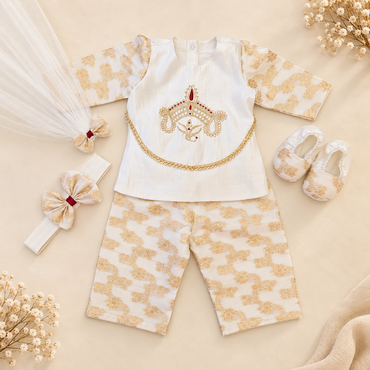 A baby girl's two-piece outfit set consisting of a sleeveless white top with colorful floral embroidery and matching white pants with lace trim, styled in a flat lay with baby accessories on a beige background.