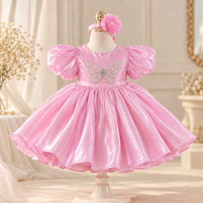 Pink Butterfly Satin Gown Set