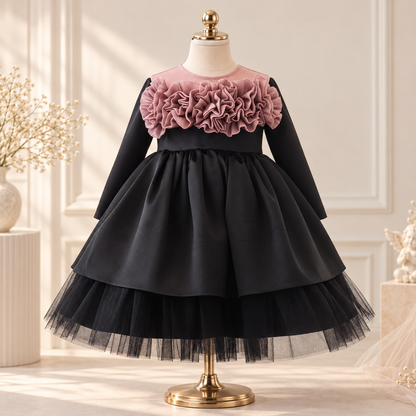 A toddler girl's long-sleeve party dress displayed on a mannequin. The dress features a black satin bodice with a large, layered dusty pink ruffle collar, a black waistband, and a tiered black tulle skirt.