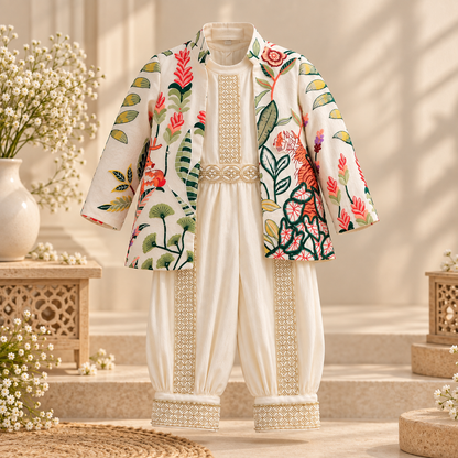 A children's traditional outfit displayed on a mannequin, featuring a cream-colored embroidered jacket with colorful floral patterns and matching cream pants with ornate gold embroidery and cuffs, set against a warm beige background with decorative floral props.
