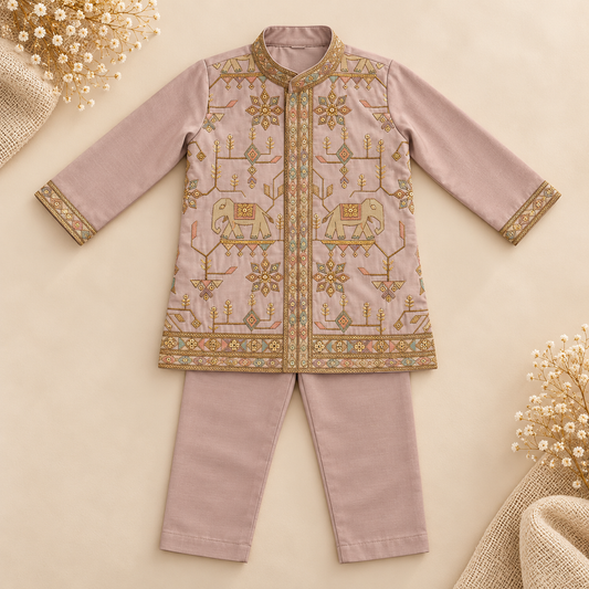 Mauve Elephant Embroidered Kurta Set