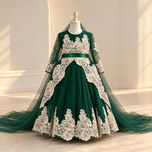 A formal ball gown displayed on a mannequin in a softly lit indoor setting. The dress is deep emerald green with extensive cream lace applique panels, a matching green sash at the waist, sheer long sleeves, and a long flowing train.