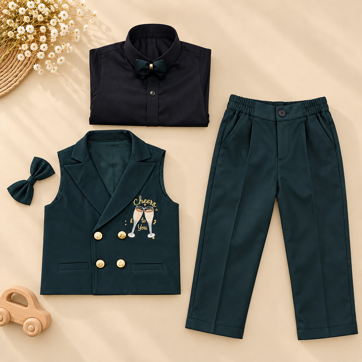 A children's formal outfit set laid flat on a warm beige background, including a dark navy collared shirt with a bow tie, dark teal double-breasted vest with gold buttons and a small graphic, matching dark teal trousers, a bow tie, and a small wooden toy car. Decorative dried flowers and a woven basket edge appear in the corners.