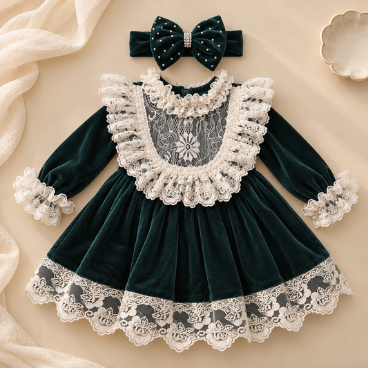 A dark green velvet baby dress with white lace trim and a matching bow headband, laid flat on a beige background with soft fabric and a small dish.