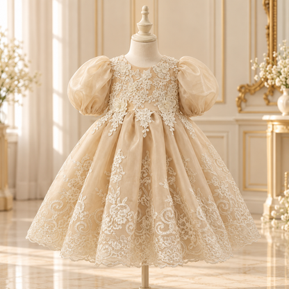 A formal girls' dress displayed on a mannequin in an ornate interior. The dress is champagne beige with white floral lace appliqué and puff sleeves.