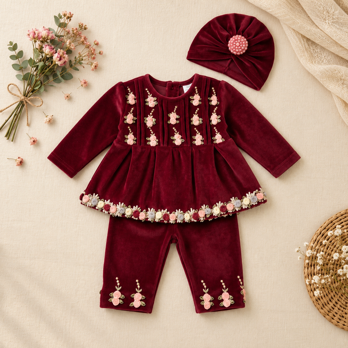 A baby girl's three-piece outfit set in deep burgundy velvet, featuring a long-sleeve peplum top with floral embroidery, matching pants, and a coordinating headband, arranged on a beige fabric background with decorative props.