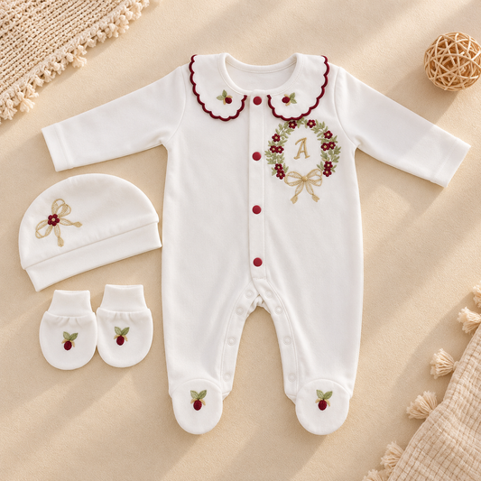 A baby holiday-themed clothing set laid flat on a beige fabric background, including a white long-sleeve footless one-piece with red buttons, a white bonnet, and white booties. The one-piece has a red-trimmed floral collar, a wreath motif with red berries, and a small letter A on the chest.