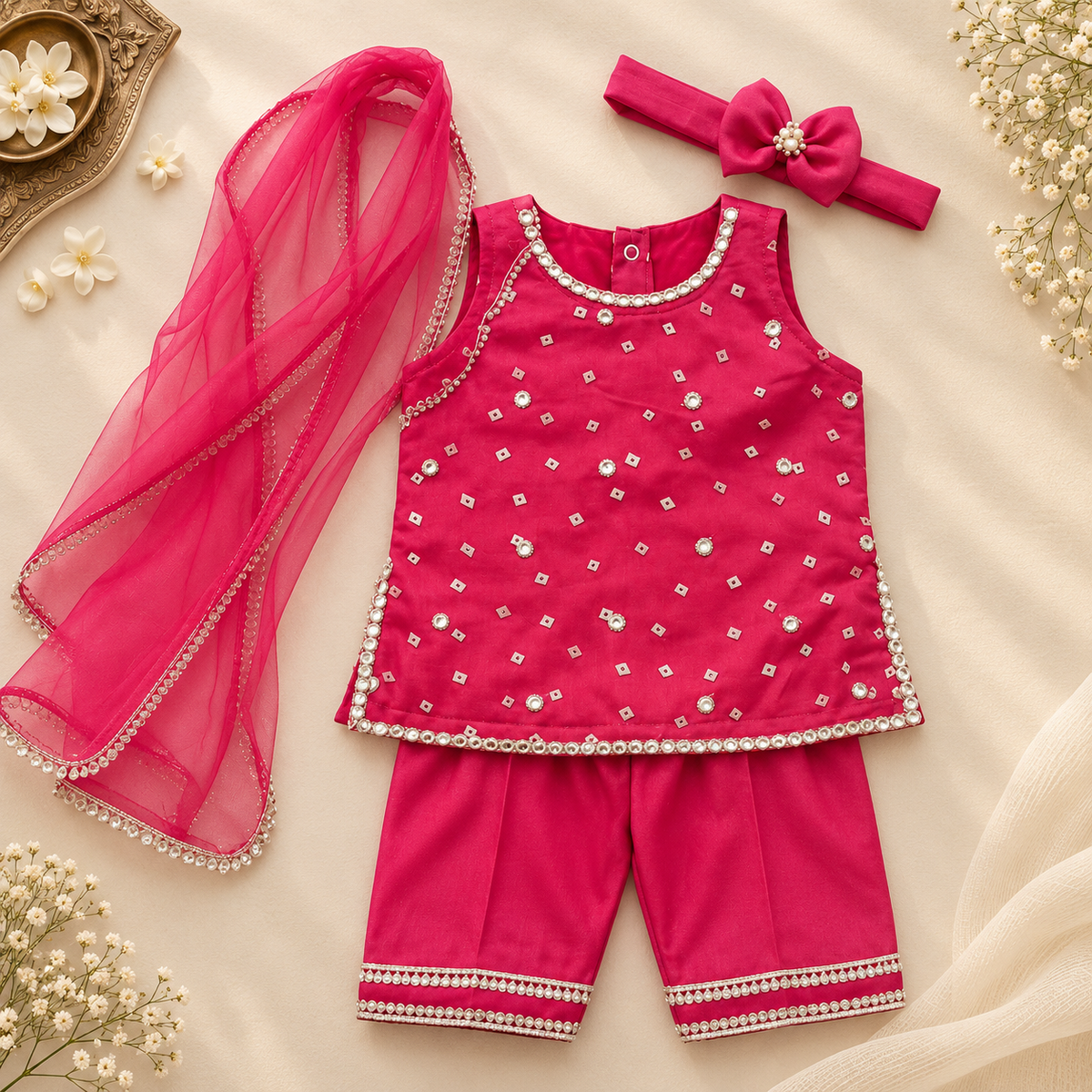A three-piece baby girl's traditional Indian outfit set in bright pink, featuring a sleeveless embroidered vest, matching pants, and a headband, arranged on a cream fabric background with decorative floral props.