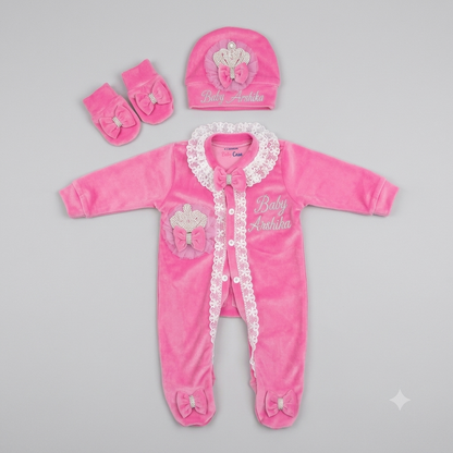Pink Crown Lace Romper Set
