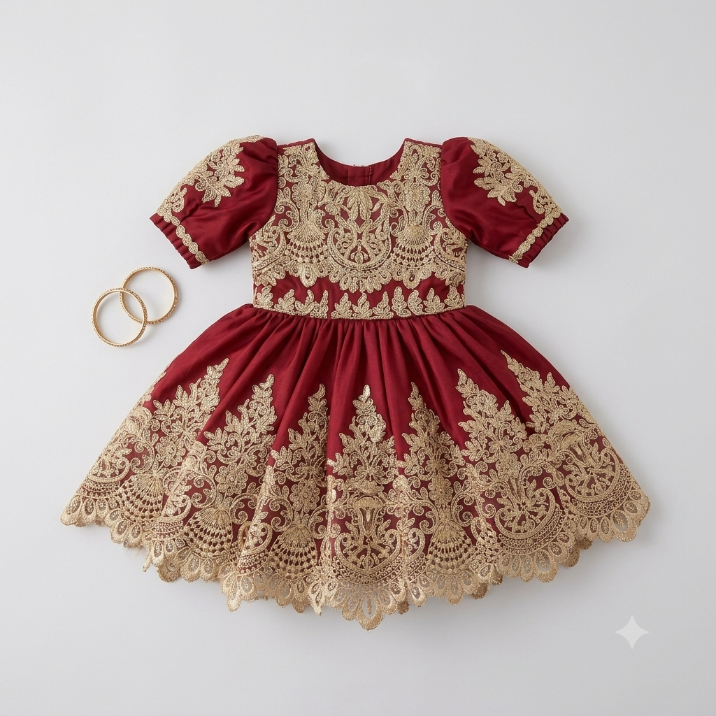 Maroon Gold Embroidered Frock