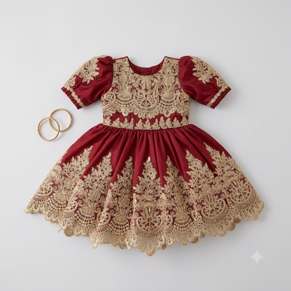Maroon Gold Embroidered Frock
