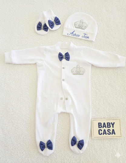 The Blue Bow & Pearl Crown Romper Set
