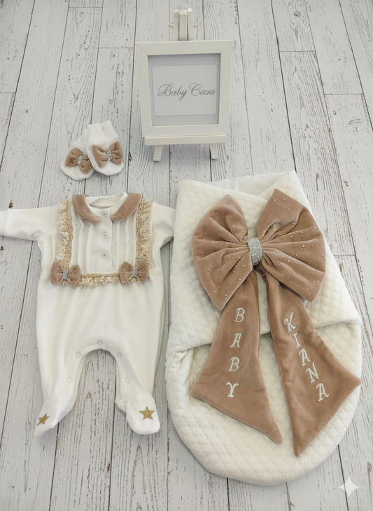 The "Kiana" Deluxe Baby Bow Set (Cream & Taupe)