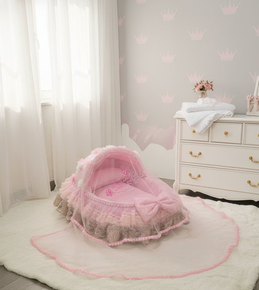 The Princess Cradle: Where Sweet Dreams Bloom.Pink Bassinet