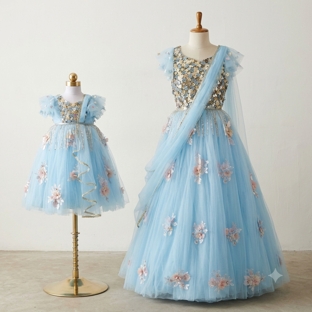Sky Blue Mom & Daughter Gown Set