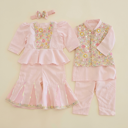 Peach Mirror Work Twinning Set