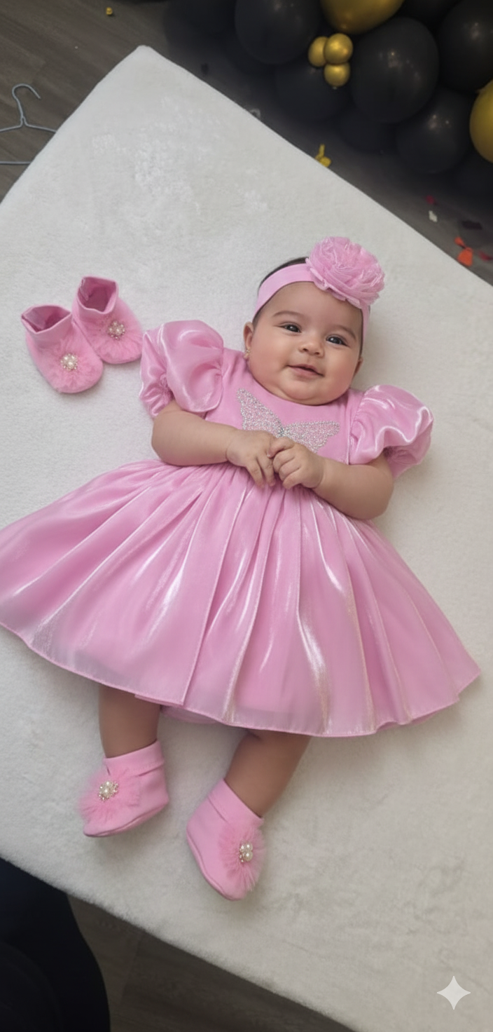 Pink Butterfly Satin Gown Set
