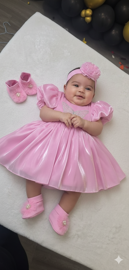 Pink Butterfly Satin Gown Set